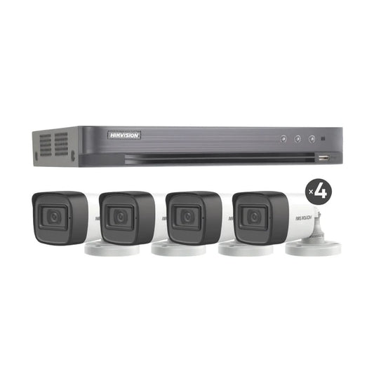 Kit de cámaras Hikvision Microfono Integrado, TURBOHD 5 Megapixel, DVR 4 Canales, 4 Cámaras Bala con Micrófono Integrado