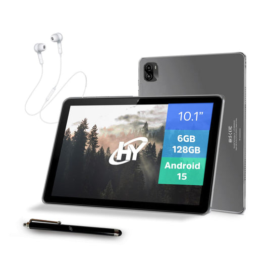 Tableta HYUNDAI Plus HT10WB3MSG01 - 10.1, HD IPS DISPLAY. WIFI. 4GRAM/128GB, Android 15. Incluye Stylus Pen, Audifonos y Protector de Pantalla.Gris Espacial
