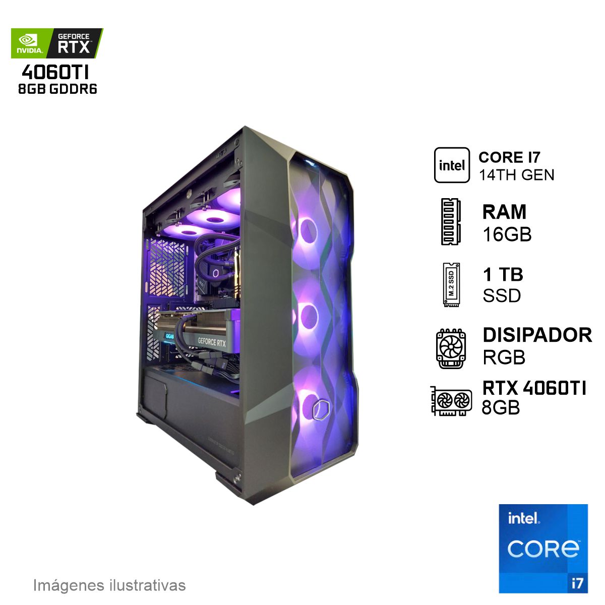 PC Gamer RTX 4060TI INTEL Core I7 14700F 16GB de RAM 1TB SSD NVME 650W WIFI