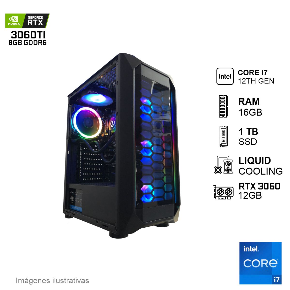 PC Gamer RTX 3060TI INTEL Core I7 12700K 16GB de RAM 1TB SSD NVME 650W WIFI