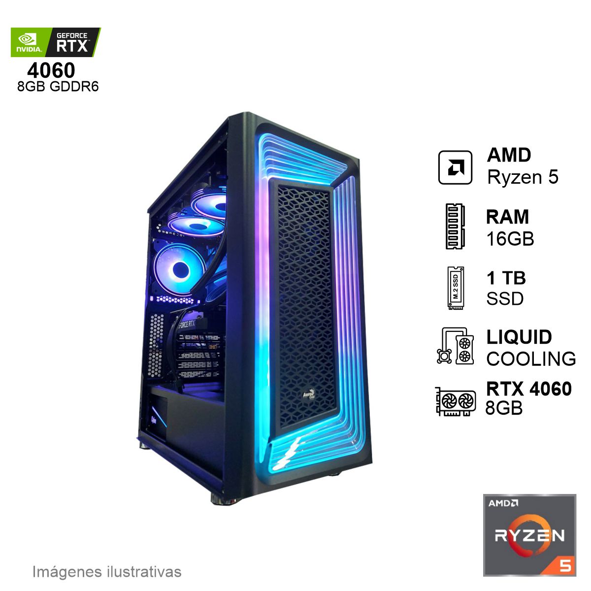 PC Gamer RTX 4060 AMD Ryzen 5 7600X 16GB de RAM 1TB SSD NVME 650W WIFI