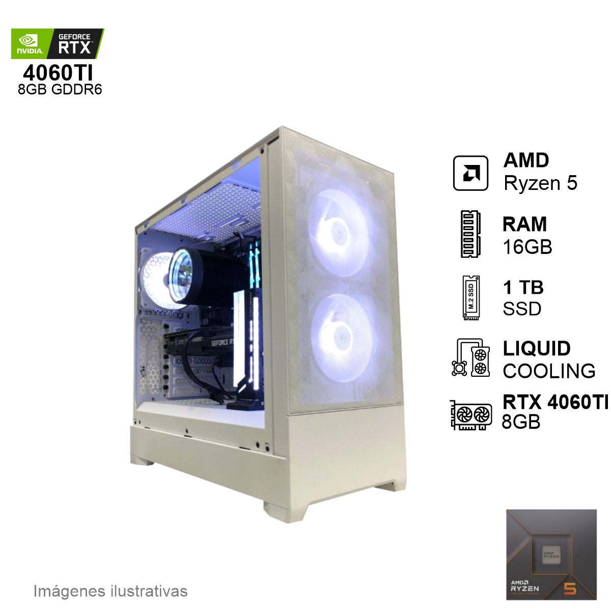 PC Gamer RTX 4060TI AMD Ryzen 5 7600X 16GB de RAM 1TB SSD NVME 650W WIFI