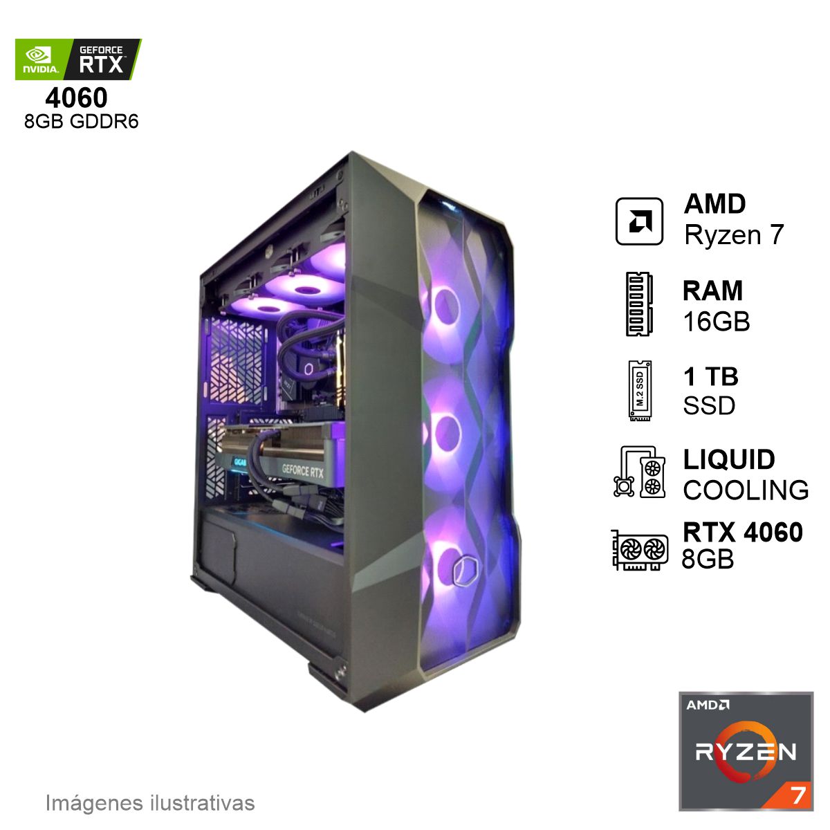 PC Gamer RTX 4060 AMD Ryzen 7 5700X 16GB de RAM 1TB SSD NVME 650W WIFI