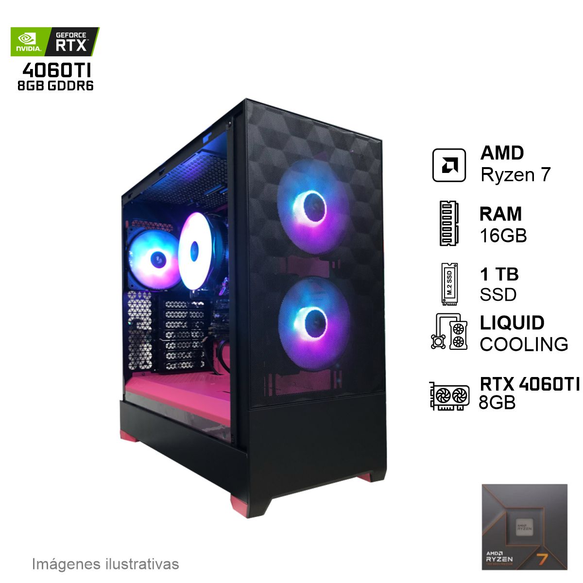 PC Gamer RTX 4060TI AMD Ryzen 7 7700X 16GB de RAM 1TB SSD NVME 650W WIFI