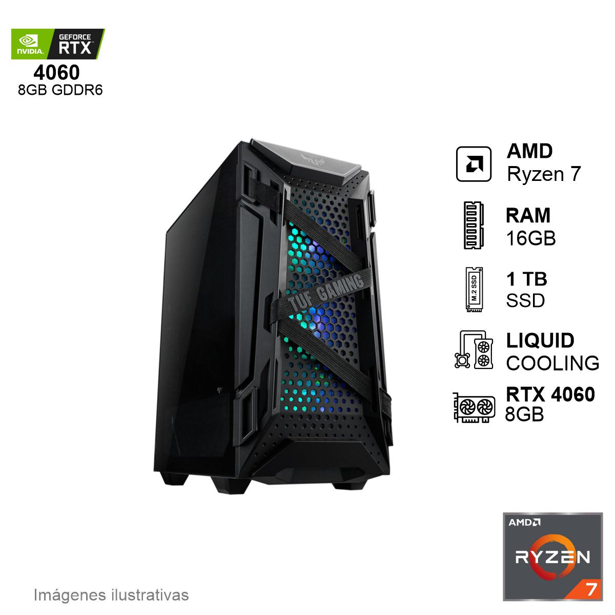 PC Gamer RTX 4060 AMD Ryzen 7 7700X 16GB de RAM 1TB SSD NVME 650W WIFI