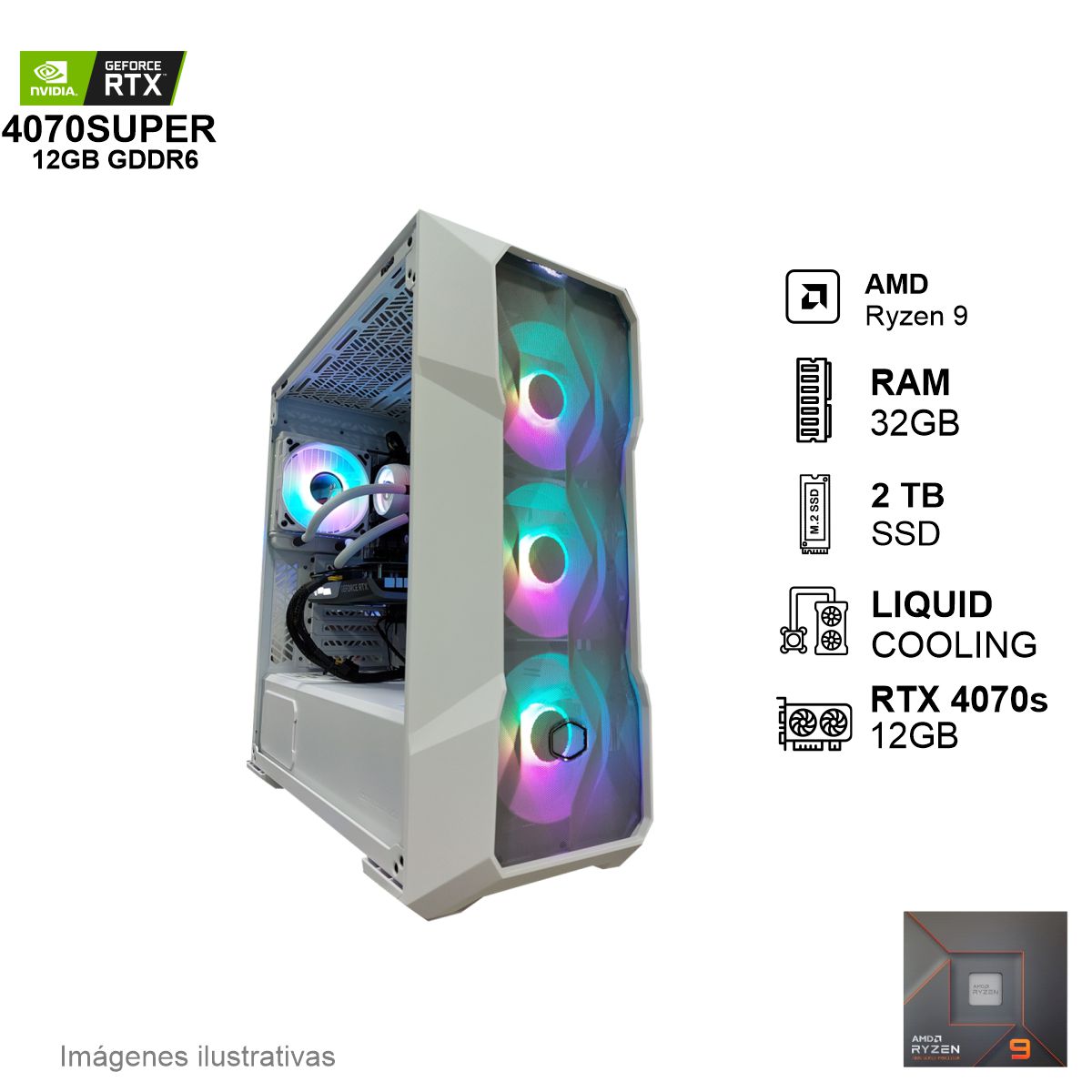 PC Gamer RTX 4070 SUPER RYZEN 9 7900 32GB de RAM 2TB SSD NVME 850W WIFI