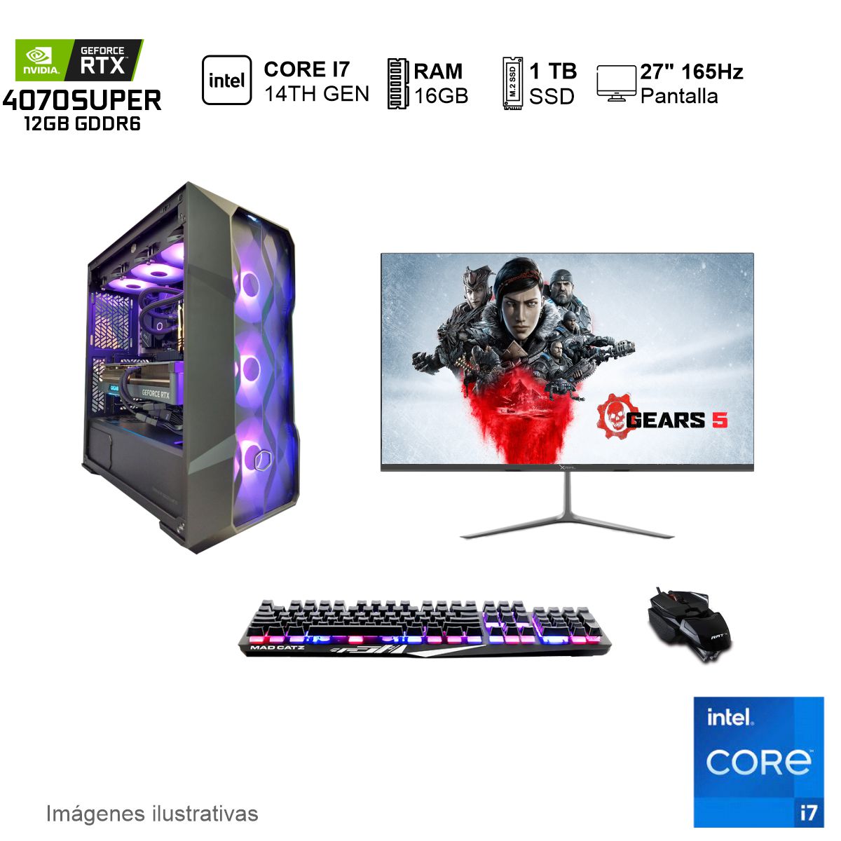 PC Gamer RTX 4070SUPER INTEL Core I7 14700F 16GB de RAM 1TB SSD NVME 750W WIFI