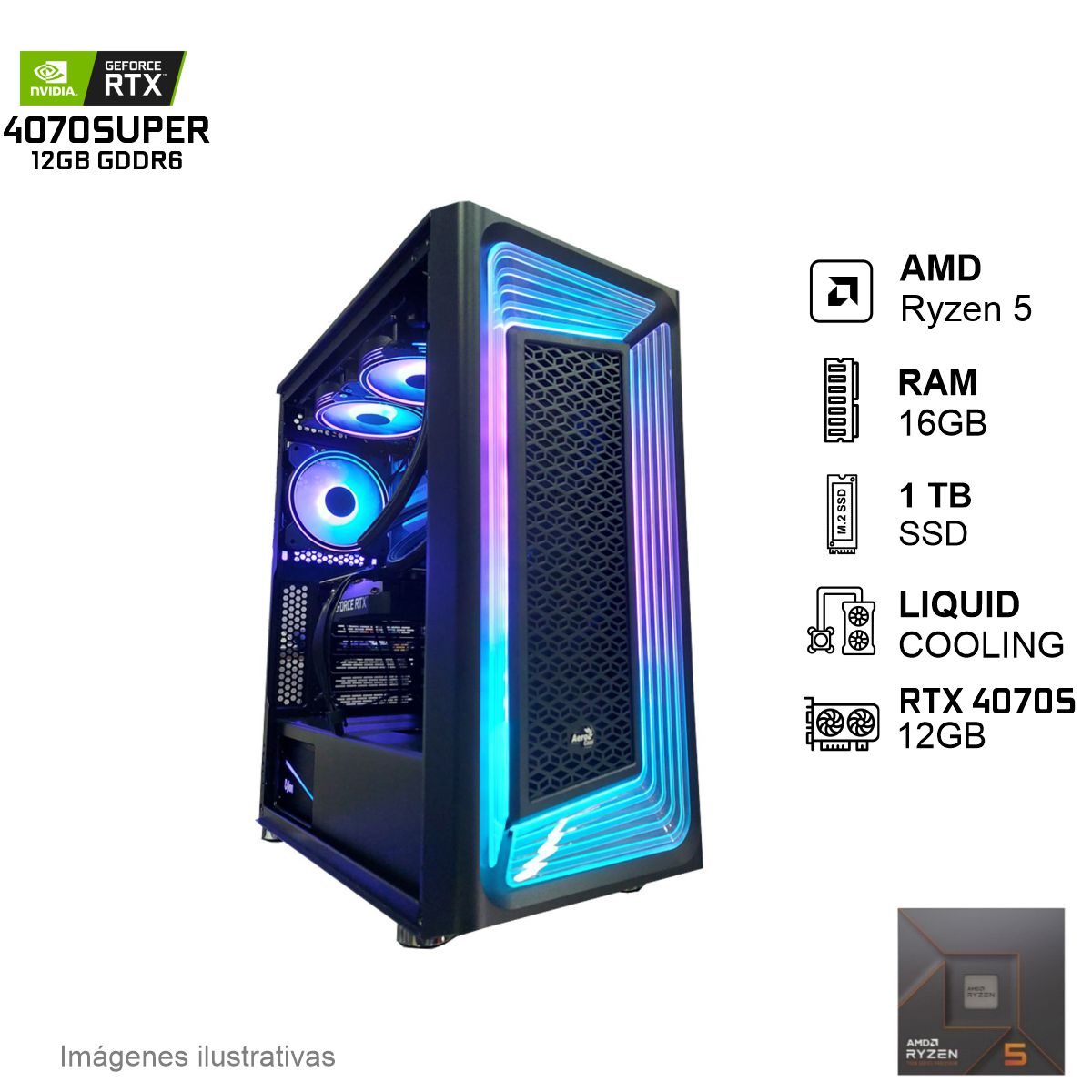 PC Gamer RTX 4070SUPER AMD Ryzen 5 7600X 16GB de RAM 1TB SSD NVME 750W WIFI