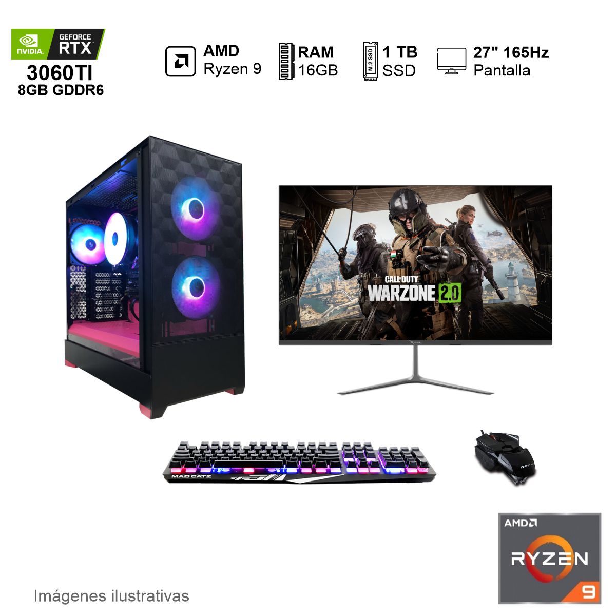 PC Gamer RTX 3060TI AMD Ryzen 9 5900X 16GB de RAM 1TB SSD NVME 650W WIFI