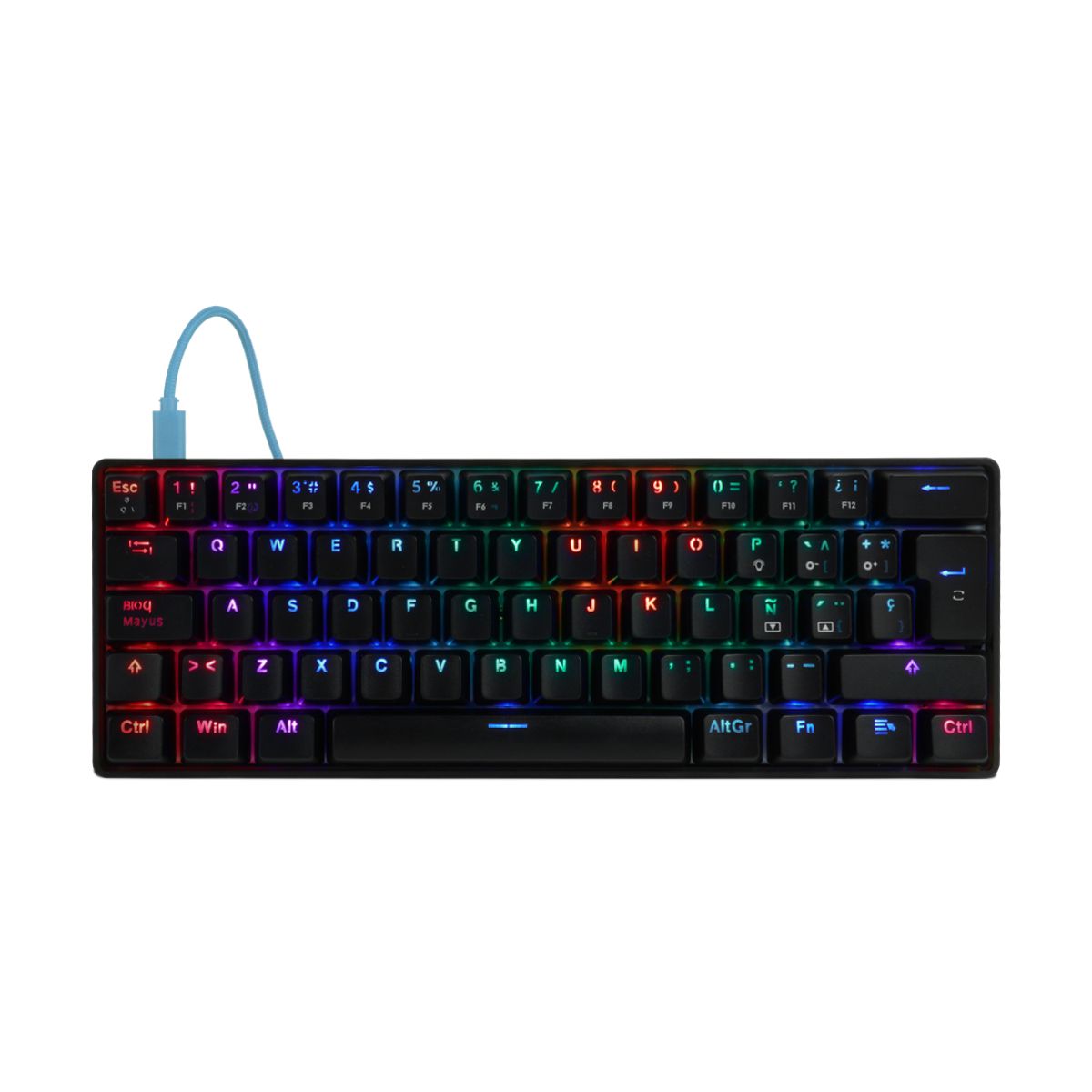 TECLADO MECANICO 60  GAME FACTOR KBG560-BL - RGB, TECLAS EXTRAS BLUE INTERCAMBIABLES, BLUE SWITCH, USB AZUL