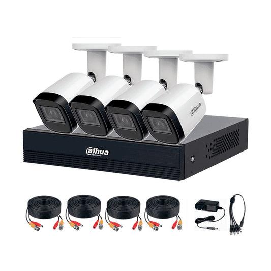 DAHUA KITXVR5104HS4KLI3+4HFW1500CMA- Kit de 4 canales 5 MP con audio y DVR  de 4 CH - Soporta 4 canales + 4 IP o hasta 8 IP + 4 Camaras 5mp