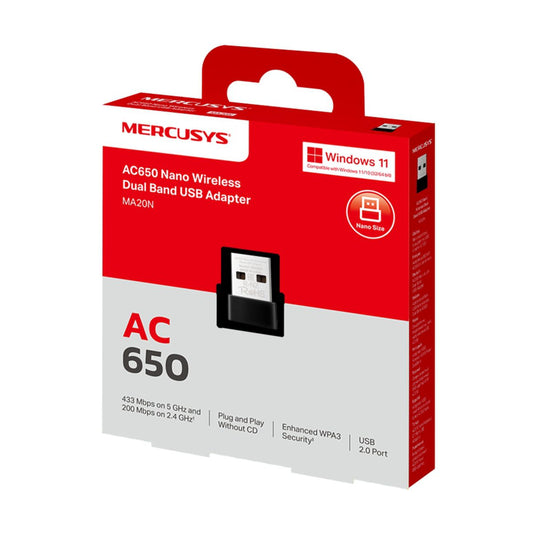 Adaptador USB inalambrico nano de doble banda AC650 (HMA20N) Velocidad Wi-Fi Velocidades de hasta 433 Mbps (5 GHz) + 200 Mbps (2 - 4 GHz).
