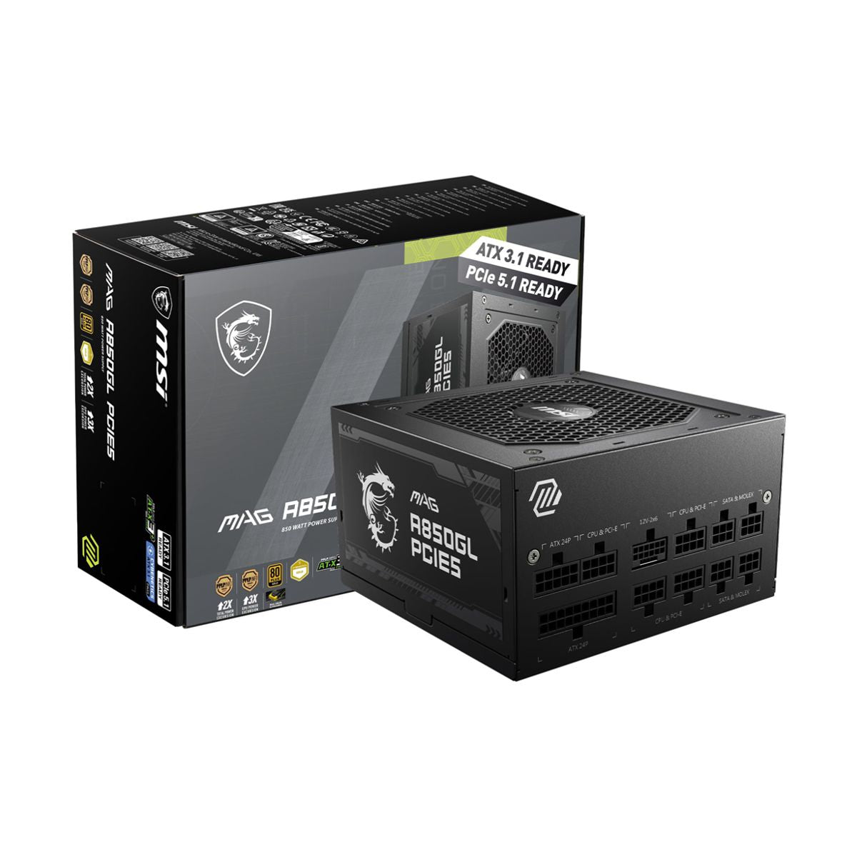 FUENTE DE PODER MSI (MAG A850GN PCIE5) 850W, PCI 5.1, 80 PLUS GOLD, PFC ACTIVO, ATX 3.1