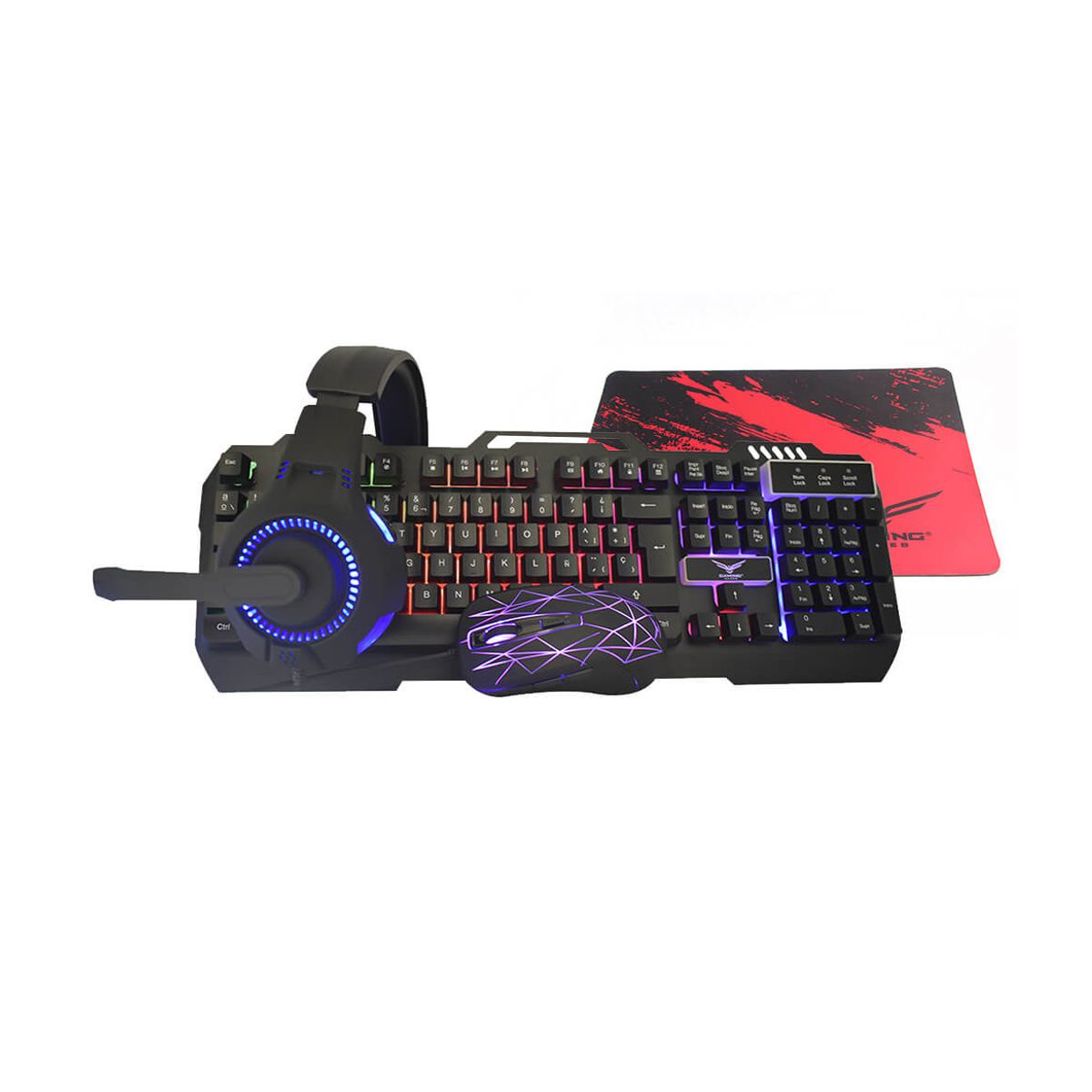 KIT 4 EN 1 NACEB (NA-0925)TECLADO,MOUSE,AUDIFONOS,MOUSE PAD,2400 DPI,LED RGB,USB,NEGRO
