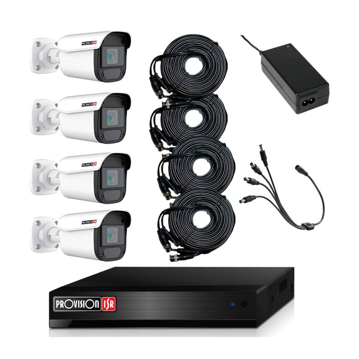 KIT de Videovigilancia de 4 camaras de 2 MP Policarbonato - 4 cables siames de 20 metros, fuente de 12V/3A, pulpo de 4 salidas, No incluye HDD