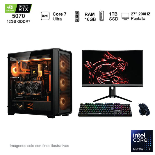PC GAMER RTX 5070 INTEL CORE ULTRA 7 265F 16GB de RAM Disco Solido de 1TB NVME 850W