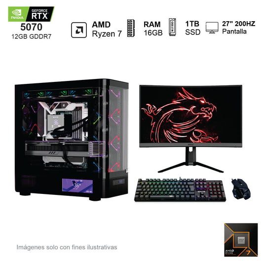 PC GAMER RTX 5070 AMD Ryzen 7 9700X 16GB de RAM Disco Solido de 1TB NVME 850W