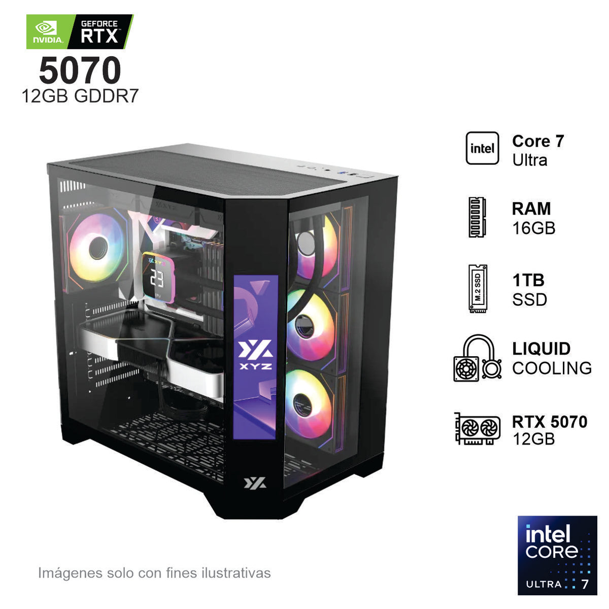 PC GAMER RTX 5070 INTEL CORE ULTRA 7 265F 16GB de RAM Disco Solido de 1TB NVME