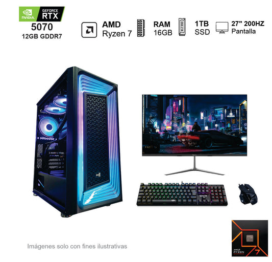 PC GAMER RTX 5070 AMD Ryzen 7 9700X 16GB de RAM Disco Solido de 1TB NVME