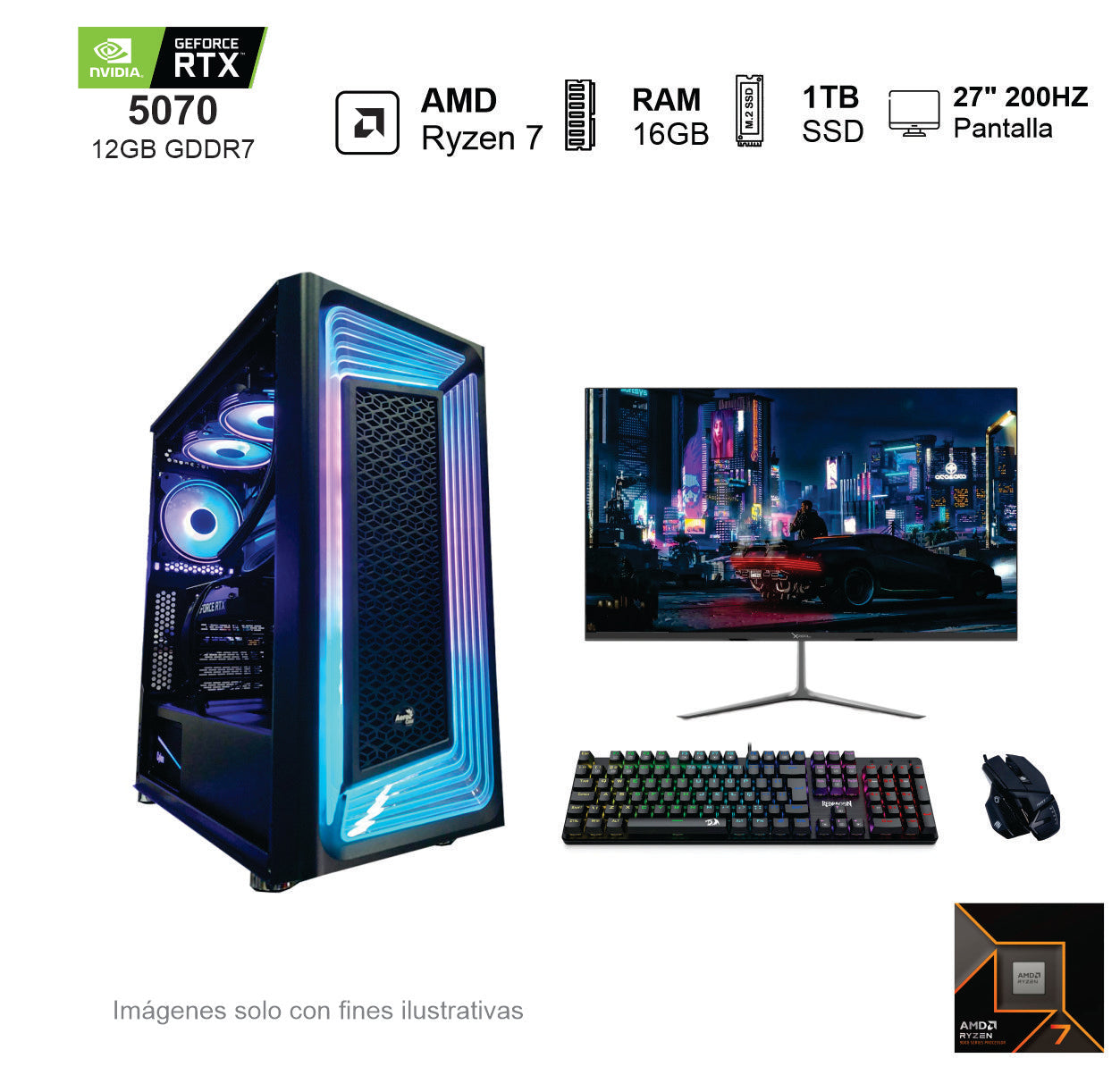 PC GAMER RTX 5070 AMD Ryzen 7 9700X 16GB de RAM Disco Solido de 1TB NVME