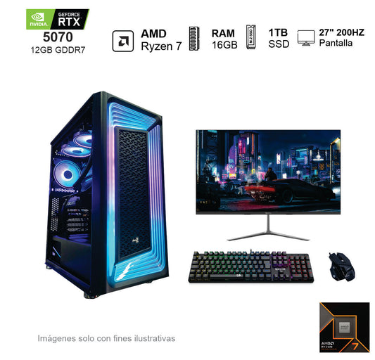 PC GAMER RTX 5070 AMD Ryzen 7 9700X 16GB de RAM Disco Solido de 1TB NVME