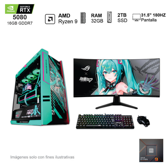 PC Gamer Hatsune Miku RTX 5080 AMD Ryzen 9 9900X 32GB de RAM 2TB SSD NVME 850W WIFI