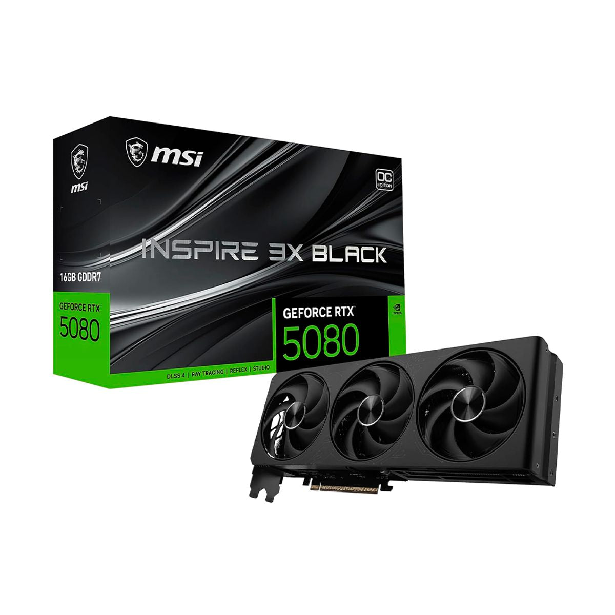 TARJETA DE VIDEO MSI (RTX 5080 16G INSPIRE 3X OC BLACK) 16GB GDDR7, 2655 MHZ, 1*HDMI, 3*DP, 3*FAN, NEGRO