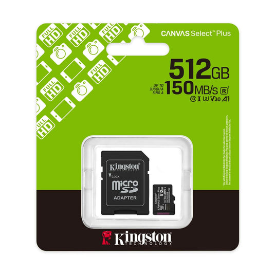 MEMORIA MICROSD SDXC KINGSTON 512GB (SDCS3/512GB) CANVAS SELECT PLUS, CLASE 10 C/ADAPTADOR