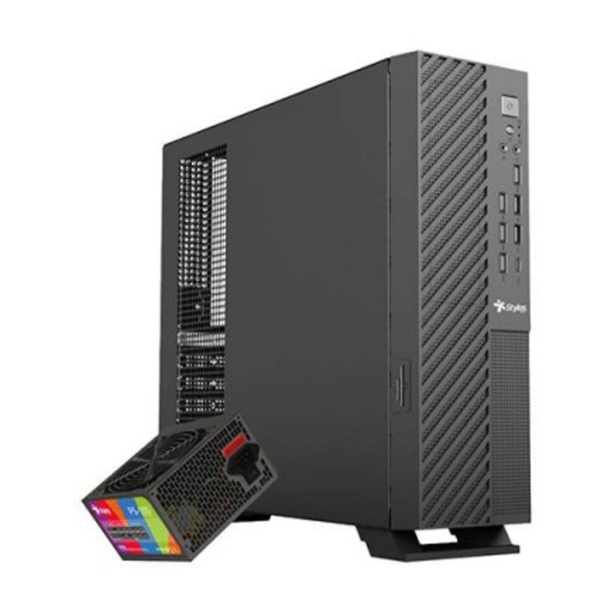 GABINETE STYLOS (STGAMN1B) MINCE, SLIM MINI-ITX, USB 3.0, USB TIPO C, FUENTE 550W, NEGRO