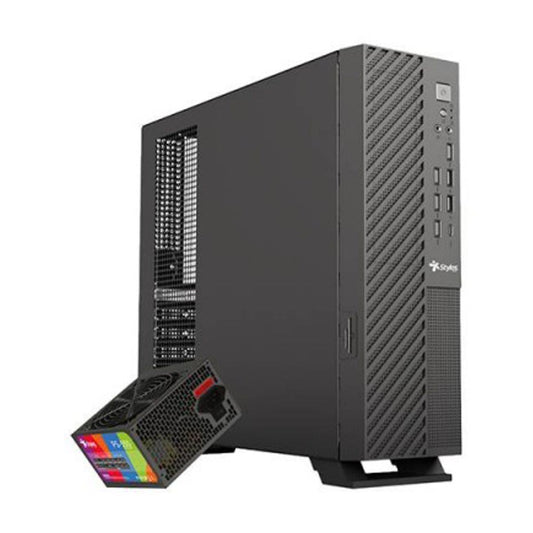 Gabinete Stylos Mince, Slim Mini-ITX, USB 3.0, USB Tipo C, Fuente de poder incluida 550W, Negro