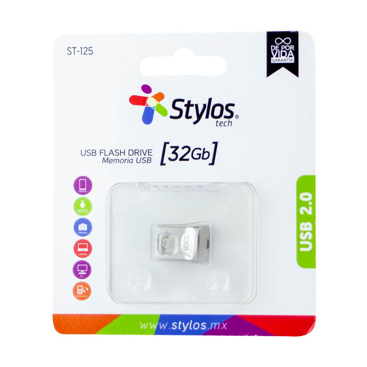 MEMORIA USB STYLOS (STMUS41S) 32GB, ST125, USB 2.0, MINI, METAL PLATA