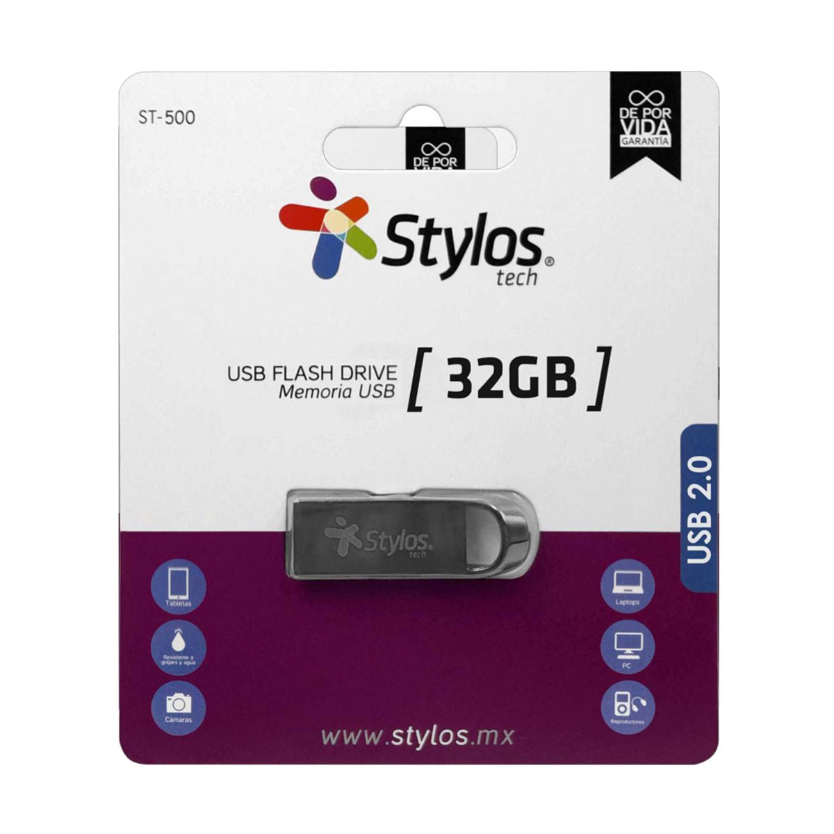 MEMORIA USB STYLOS (STMUS532B) 32GB, ST500, USB 2.0, METAL PLATA
