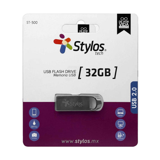 MEMORIA USB STYLOS (STMUS532B) 32GB, ST500, USB 2.0, METAL PLATA