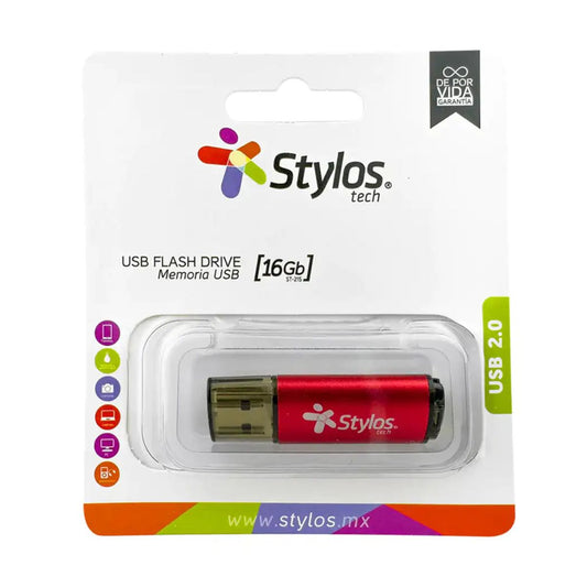 Memoria USB Rojo C/Tapa 16GB Stylos. STMUS72W - 