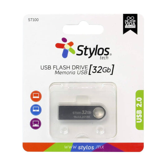 MEMORIA USB STYLOS (STMUSB3B) 32GB, ST100, USB 2.0, METALICA PLATA