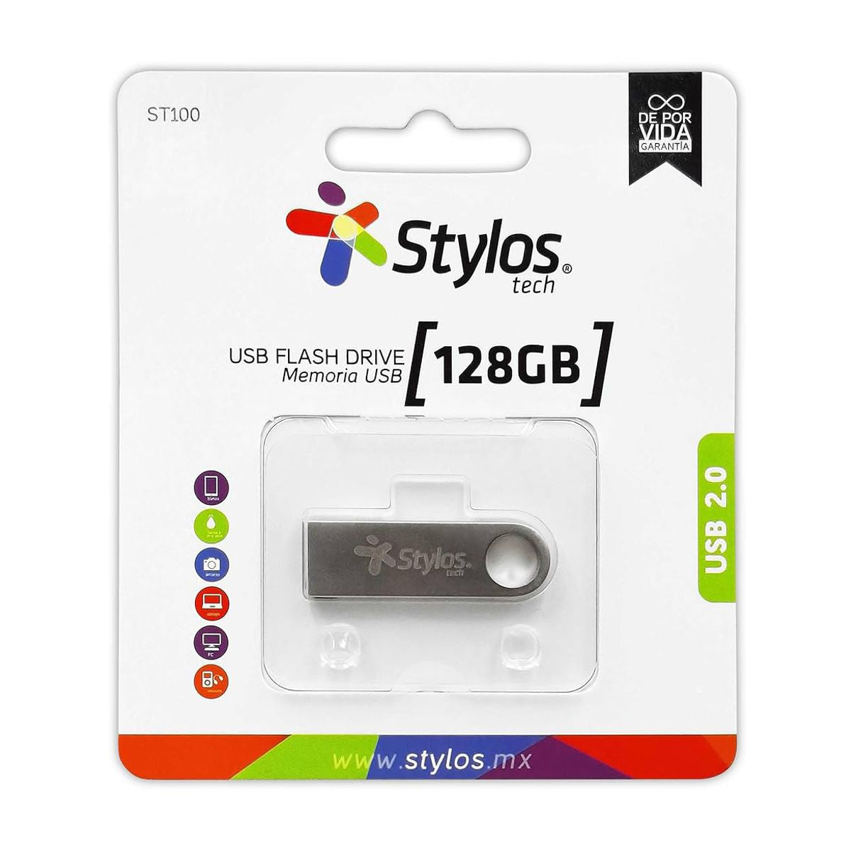 MEMORIA USB STYLOS (STMUSB5B) 128GB, ST100, USB 2.0, METAL PLATA