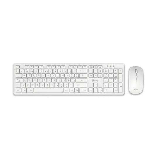 KIT TECLADO Y MOUSE INALAMBRICO STYLOS (STPKTM5W),105 TECLAS,MOUSE 2 BOTONES,1600DPI,USB NANO,BLANCO