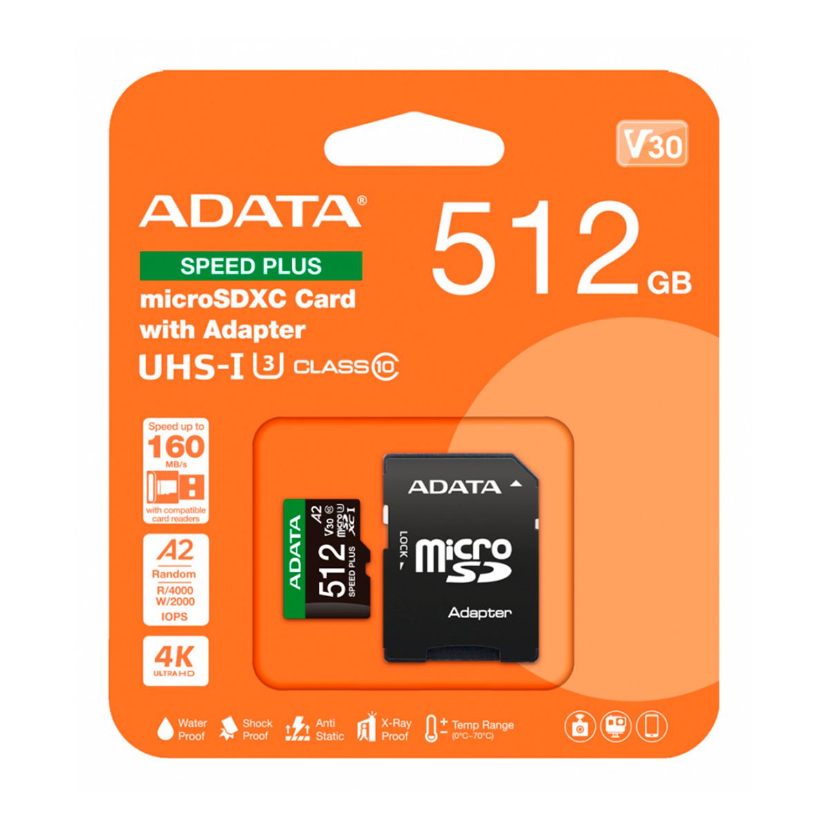 Micro Secure Digital ADATA SPEED PLUS microSDXC UHS-I U3 Clase 10 - SD 6.0, V30 512GB Clase 10 (A2), Velocidad de lectura / escritura 180/160 MB/s UD512GUI3