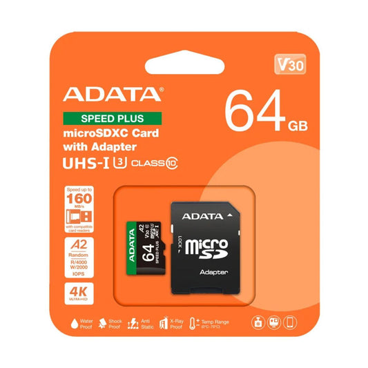 Micro Secure Digital ADATA SPEED PLUS microSDXC/SDHC UHS-I U3 V30 64GB Clase 10 (A2) - lectura /escritura hasta 180/160(MB/s). UD64GUI3V30A2SP-RA1