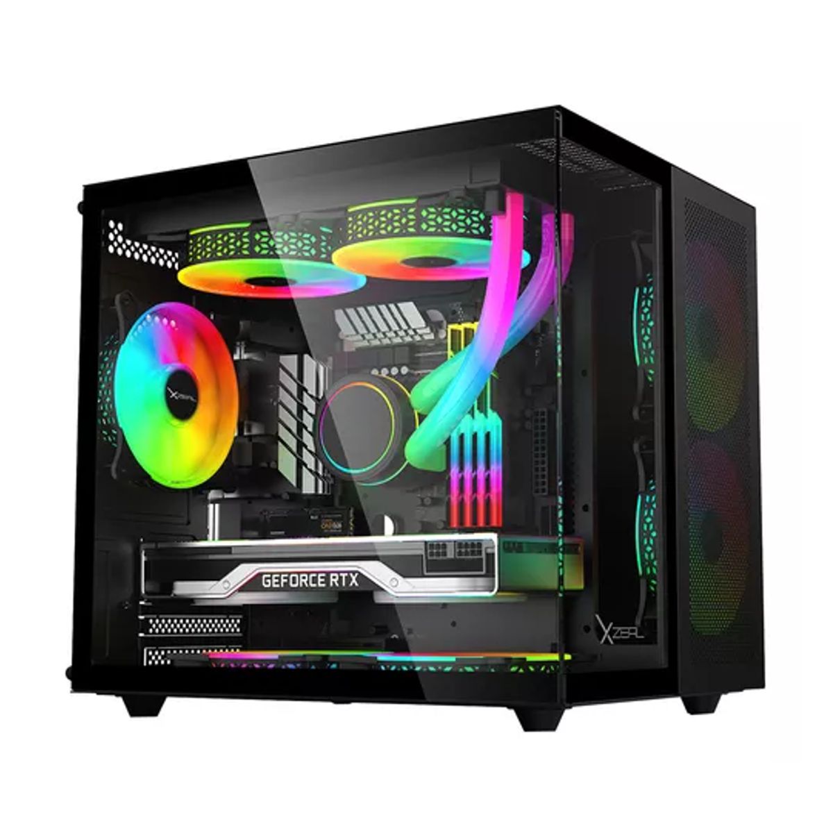 GABINETE XZEAL (XZGAMC1B) CUBO, MINI ITX,CRISTAL, 3*VENT ARGB,SIN FUENTE, NEGRO
