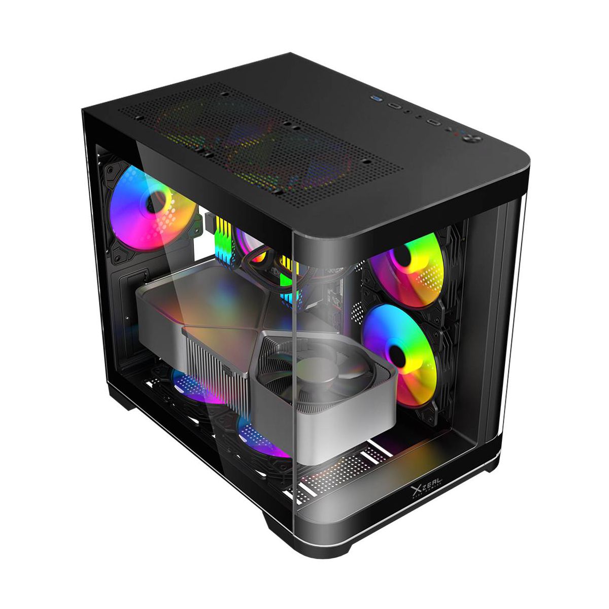 GABINETE XZEAL (XZGAMC3B) CURVO, M-ATX,CRISTAL, 3*VENT RGB,SIN FUENTE, NEGRO
