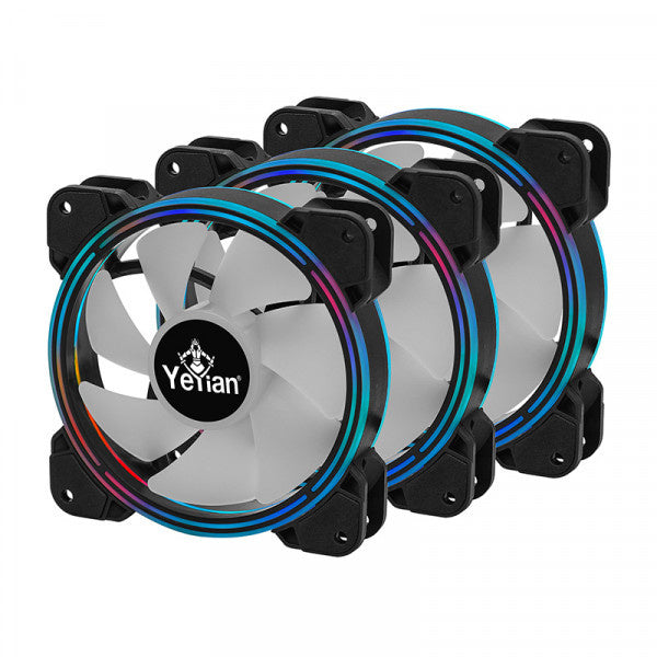 YEYIAN KIT ARGB DE VENTILADORES - TIRAS LUZ Y CONTROL TYPHONNN, 3 VENT 120MM, 2 LED ARGB CUSTOMIZABLES, 1 HUB CONTROLADOR  10 CONEXIONES, YCF-3KFS-01