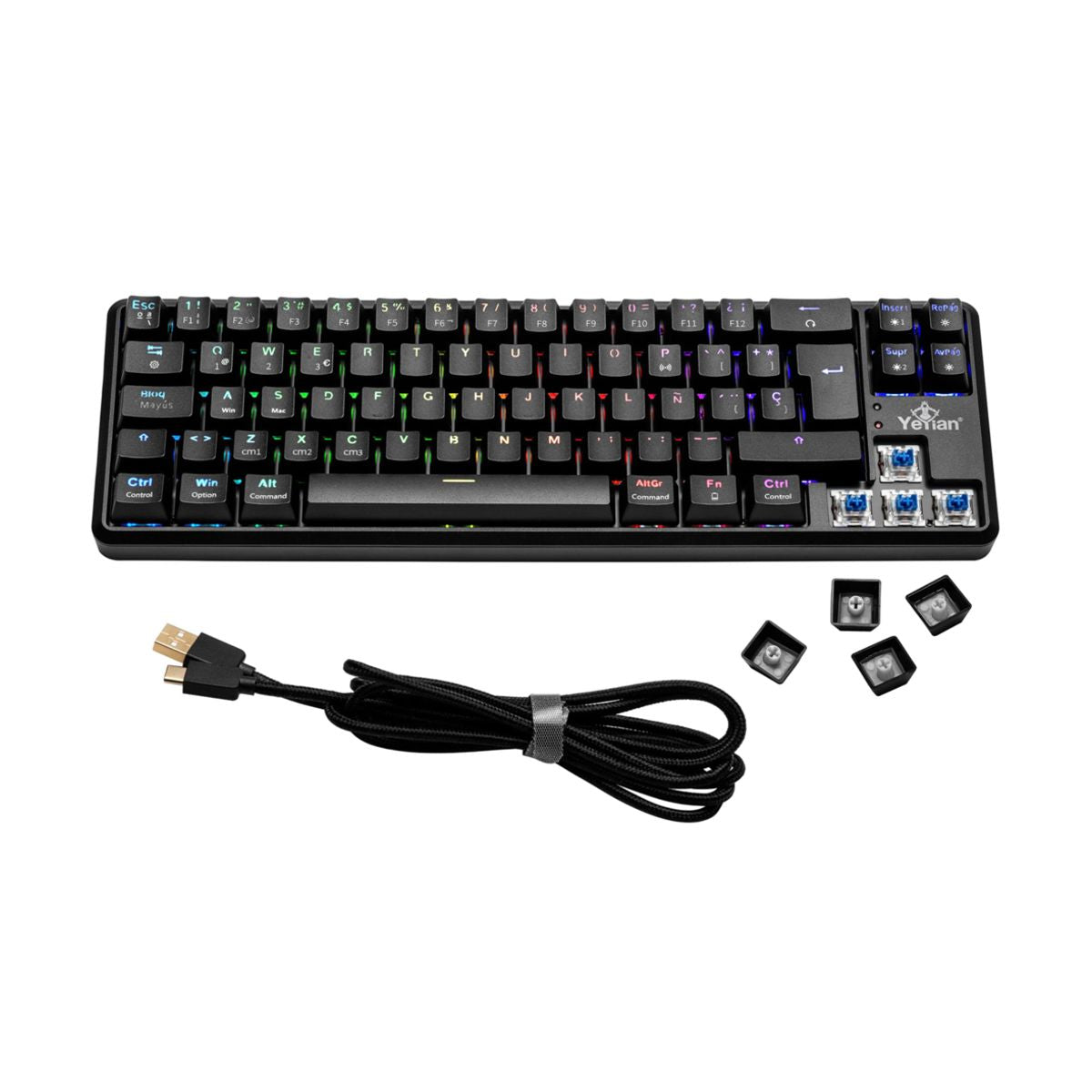 YEYIAN - TECLADO GAMER AKIL S3500, SWITCH AZUL, 69 TECLAS, ANTI GHOSTING Y N-KEY, LED RGB DE ARCOIRIS, 18 EFECTOS, IP42, USB, BATERIA INT YTM-28210B