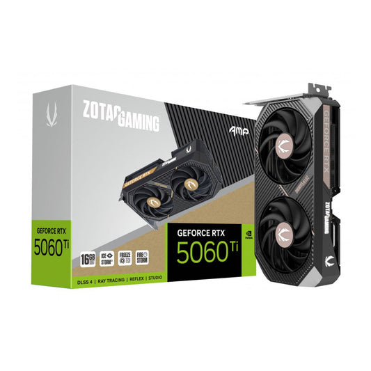 TARJETA DE VIDEO ZOTAC (ZT-B50620F-10M) RTX 5060TI AMP 16GB GDDR7,2632 MHZ,PCIE 5,HDMI,3*DP,2*FAN