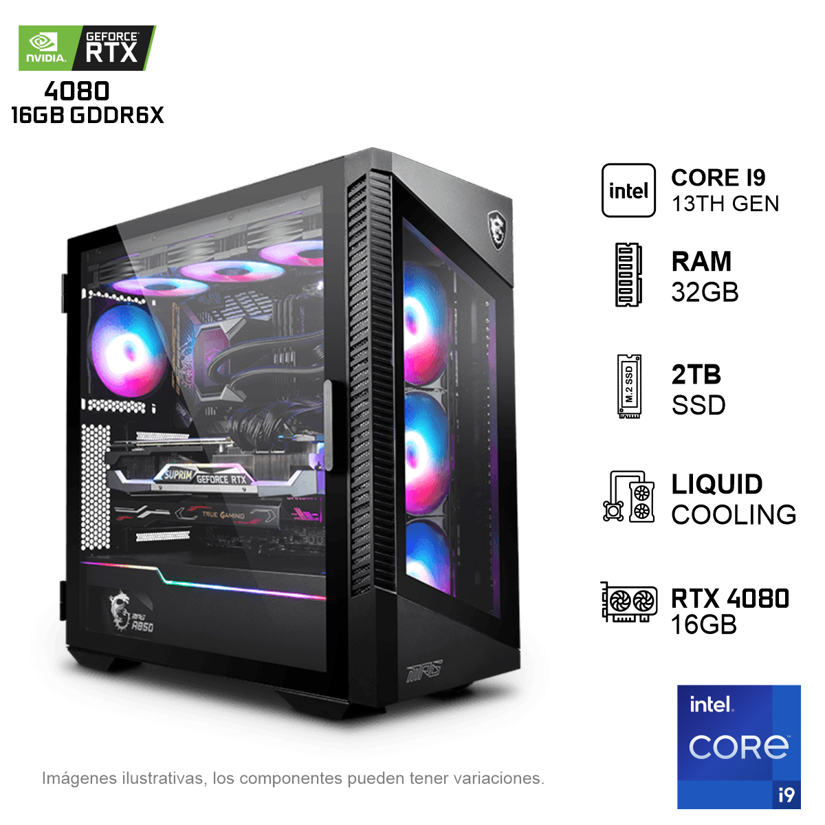 PC GAMER RTX4080 INTEL CORE I9 13900K 32GB de RAM Disco Solido de 2TB NVME